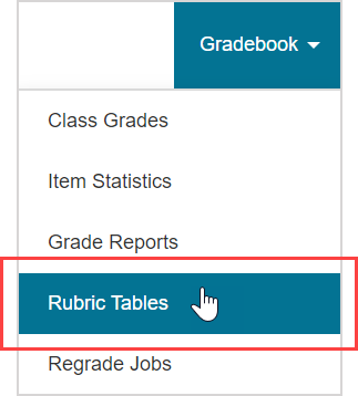 The rubric tables menu option is the fourth option in the grabeook menu.